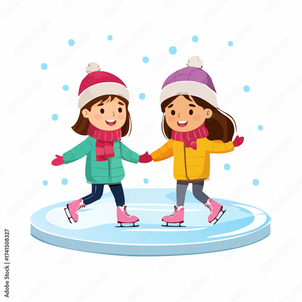 Naklejka premium Two girls ice skating winter scene with snow