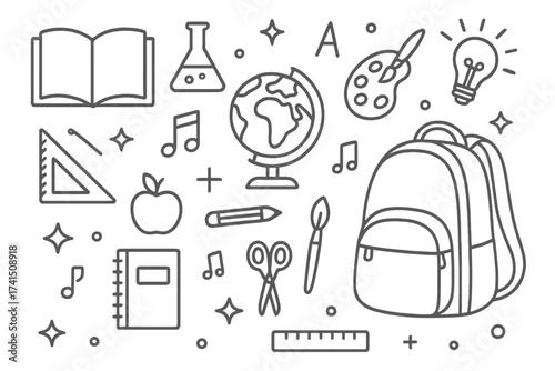 Back to school supplies vector line icon set. Education concept. Learning, knowledge, study elements. Backpack, globe, book, pencil, ruler, art palette, chemistry flask.