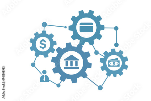 Banking mechanism vector concept. Financial system with connected gears and integrated flat icons. Symbols for money, payment, card, and business. Abstract finance illustration.