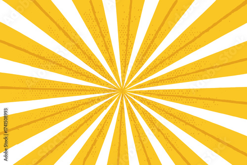 Retro yellow comic rays background with halftone gradient, pop art style vector illustration, transparent background, dynamic sunburst light effect, vintage starburst design