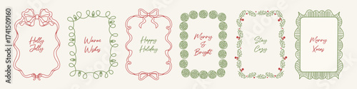 Vintage Christmas border set. Hand drawn doodle frames with oranges, mistletoe, ribbons, bows, and festive garlands. Minimalist line art design for holiday posters, greeting cards, invitations