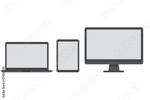 Digital devices vector illustration set with laptop, tablet, and computer monitor. Mockup with blank screens for responsive web design. Electronic gadgets on transparent background.