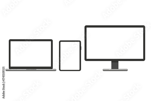 Set of realistic digital devices. Laptop, tablet and computer monitor with blank white screen. Responsive design mockup. Vector illustration isolated on transparent background.