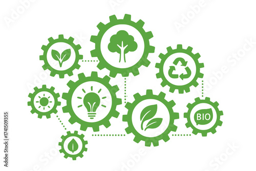 Ecology mechanism concept. Abstract background with connected gears and icons for eco friendly, energy, environment, green, recycle, bio and global concepts. Vector infographic.