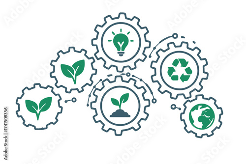 Ecology mechanism with connected gears. Green technology and sustainability concept. Eco friendly icons for environment, recycling, bio, and global energy solutions. Vector.