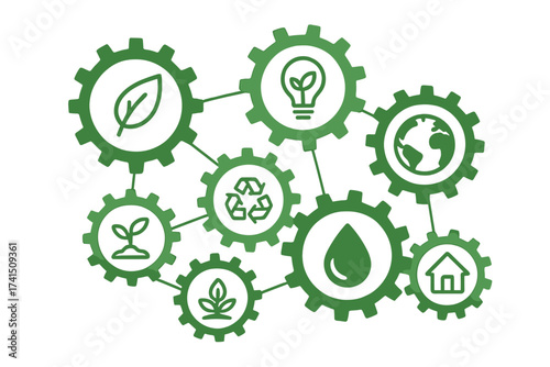 Ecology mechanism with connected gears and icons. Eco friendly, green energy and environment concept. Sustainability, recycle, bio and global vector illustration background.