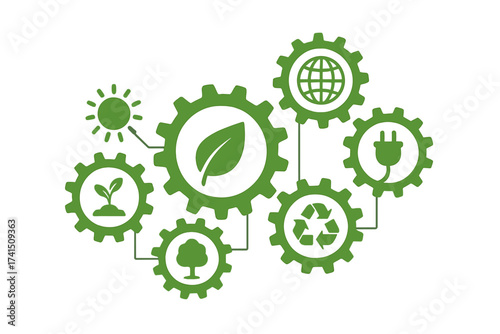 Ecology mechanism with connected gears and icons. Green technology concept for eco friendly, energy, environment, recycle, bio and global ideas. Sustainable development system.