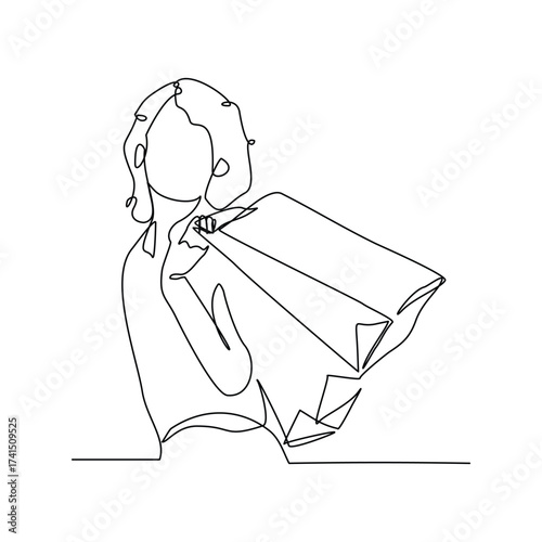 Continuous singe line of happiness woman holding paper shopping bags. Vector illustration editable stroke sketch drawing of shopper big sale consumerism