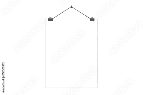 Hanging paper poster mockup vector template. Blank white sheet on wall. Empty frame for advertisement or notice. Sign holder for gallery display. Isolated object on background.
