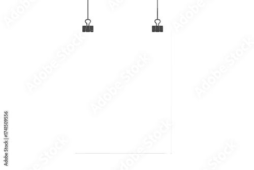 Hanging paper poster mockup, vector blank template. White paper sheet with binder clips. Advertising display for office decor, branding and presentation. Empty signage concept.