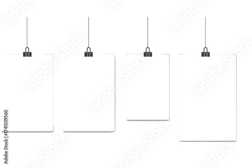 Hanging paper poster mockup set. Blank white sheets with binder clips for presentation. Realistic empty vector frames isolated on a transparent background for design placement.