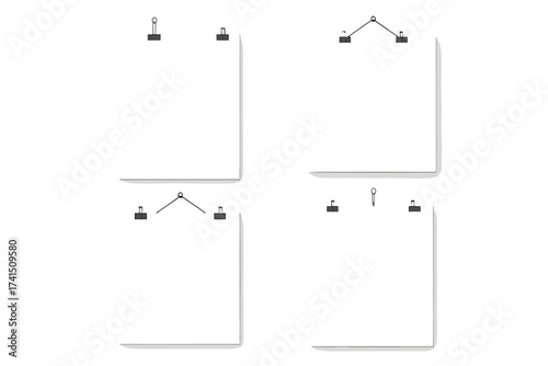 Set of blank white paper sheets hanging with black binder clips. Poster mockup template for presentation. Empty advertising A4 page on wall. Vector illustration isolated.