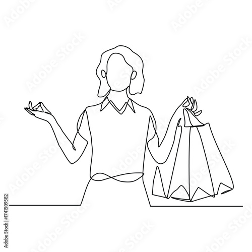 Continuous singe line of happiness woman holding paper shopping bags. Vector illustration editable stroke sketch drawing of shopper big sale consumerism