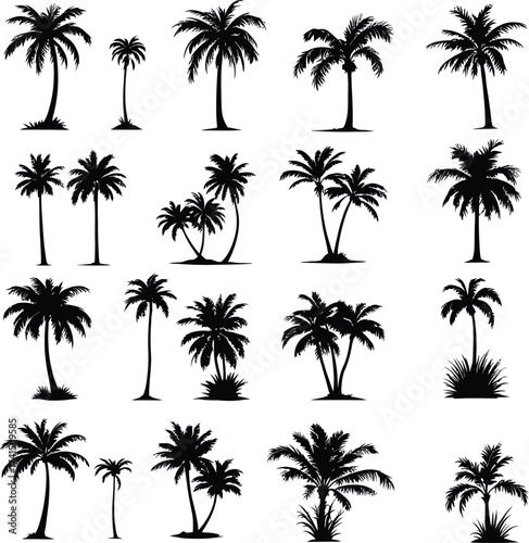 Palm Tree Silhouette Grid Vector Featuring Twenty Unique Tropical Designs with Varied Trunks and Leaf Patterns in Line Art Style