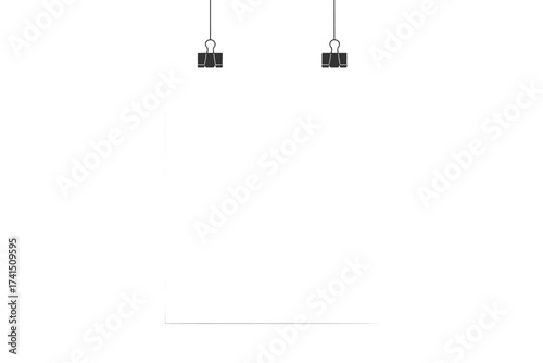 Hanging paper poster mockup with black binder clips. Blank A4 paper sheet for ad. Empty white page template for gallery, portfolio, or design presentation. Vector.