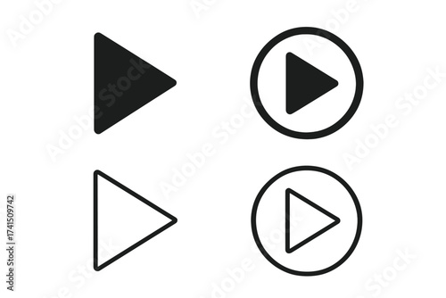 Play button icon set. Vector collection of start symbols for video and audio player. Media player interface element. Flat, solid, and outline design. Graphic triangle sign.