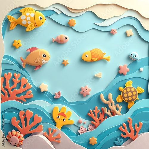 Underwater Adventure,Paper cut cartoon vector