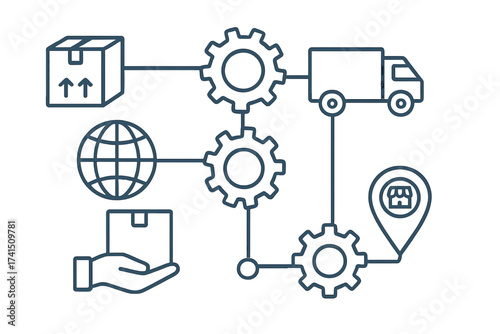 Logistic mechanism concept. Supply chain management process with shipping, transport, and delivery service icons. Global distribution and e-commerce order fulfillment infographic.