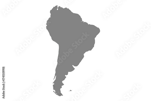 South America map silhouette. Gray continent shape on white background. Blank vector illustration for geography, travel, and education. Minimalist, monochrome design element.