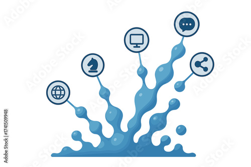 Media strategy concept. Digital marketing growth. Abstract background with integrated icons for internet, network, communication, social media, planning, and global business.