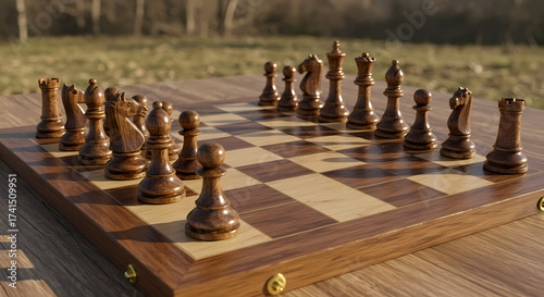 Classic Wooden Chess Set Outdoors: Strategic Board Game Pieces Arranged, Ready for Intellectual Challenge and Mindful Play in Nature's Embrace.