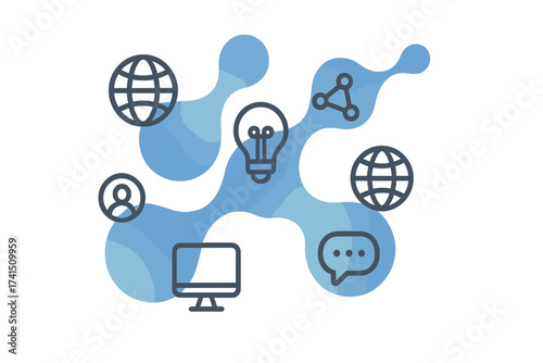 Media mechanism concept. Growth abstract background with integrated metaballs. Icons for digital, strategy, internet, network, connect, communicate, idea, technology.