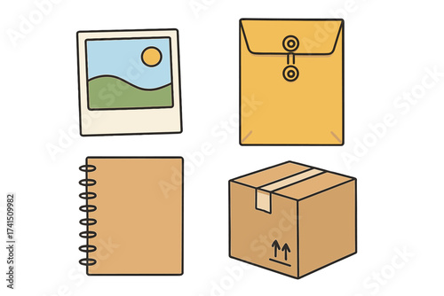 Vector illustration set of office and shipping supplies. Includes instant photo, manila envelope, spiral notebook, and cardboard box. Concept for mail, delivery, and memories.