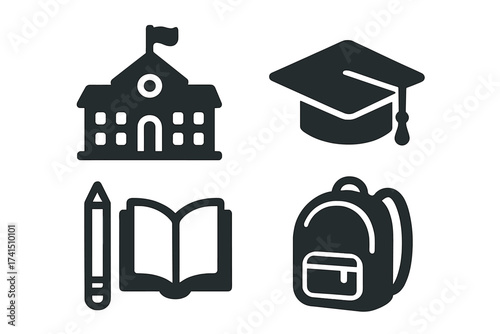 School and education icon set. Vector glyph collection with school building, graduation cap, book, pencil, and backpack. Symbols for learning, university, and academic study.