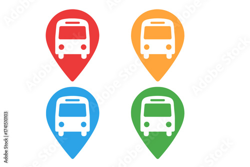 Bus stop location pointer icon set. Vector map pin symbols for public transport station. Colorful navigation markers for travel route and destination. Flat graphic illustration.