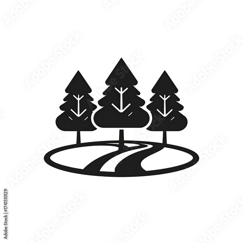 Silhouetted trees and path on a dark background. Three stylized trees, simple shapes, appear to be positioned around a circular path