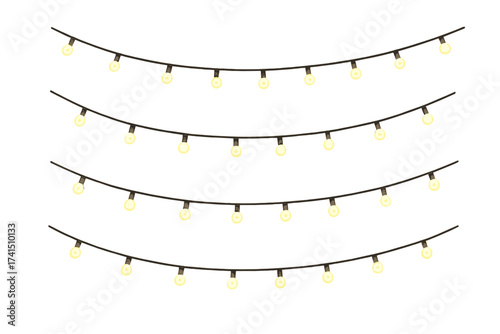 Set of glowing light garlands for Christmas decoration. Festive hanging string lights on transparent background. Vector illustration for holiday, party, or wedding design.