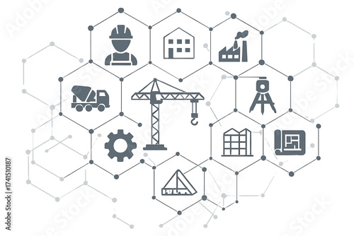 Construction industry vector icon set. Engineering, building, and architecture concept. Infographic with network connection. Crane, worker, factory, and blueprint symbols.