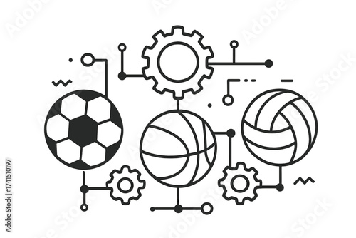 Sport mechanism concept. Football, basketball, volleyball connected as a system. Abstract vector illustration of game strategy, technology, and teamwork with gears and lines.