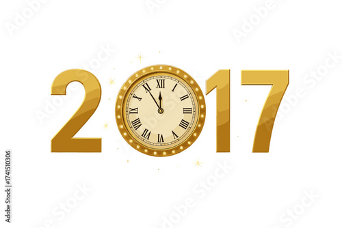 Happy New Year 2017 golden text with clock. Vector illustration of a countdown to midnight. Luxury elegant design for festive holiday celebration greeting card invitation.
