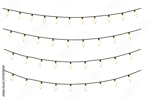 Vector set of realistic glowing Christmas light garlands. Warm white string lights for festive holiday decoration. Xmas, New Year party illumination border. Isolated illustration.