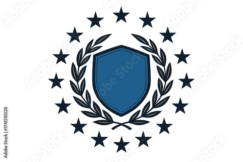 Made in Europe vector emblem with shield and laurel wreath. EU quality guarantee seal. European union product logo with stars. Certified premium origin badge illustration.
