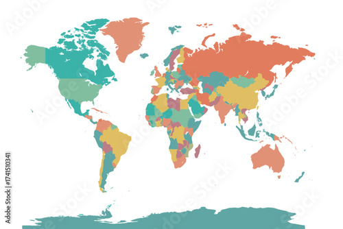 World map political vector illustration. Colorful planet Earth with all countries and continents. Global international business, travel, and geography education concept. Flat design.