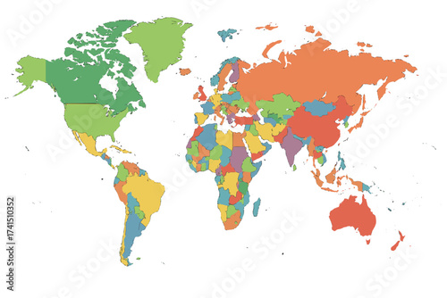 Colorful political world map with all countries. Detailed vector illustration of Earth's continents. Global geography and international borders for travel or business concepts.