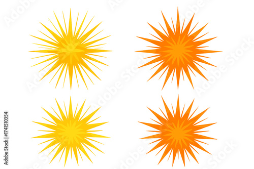 Starburst vector icon set. Sunburst explosion shape. Comic boom, pow flash effect. Abstract geometric sun design. Yellow orange promo badge. Sale sticker. Price tag element.