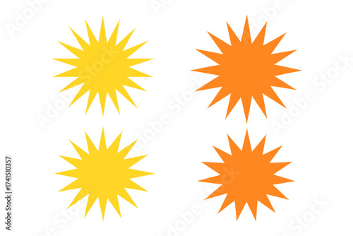 Yellow and orange starburst vector set. Sunburst sticker shape for sale, promo, and price tags. Star burst icon collection. Graphic design element for flash or explosion.