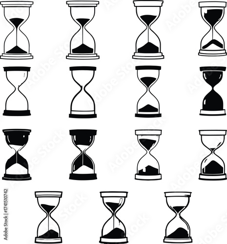 Hourglass Silhouette Grid Vector Featuring Thirteen Unique Timepieces with Varying Sand Levels in Black Line Art Style