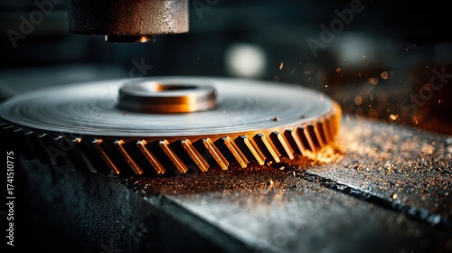 Close up of metal gear being machined with sparks and tools in industrial setting