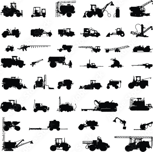Machinery Silhouette Set Vector Featuring Tractors, Excavators, Sprayers, and Harvesters in Black Line Art Grid Style