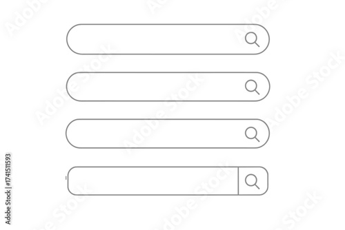 Set of four minimalist search bar vector designs in UI templates with transparent backgrounds, clean modern search box elements, rounded corners, magnifying glass icons, isolated on white