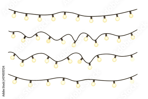 Set of Christmas light garlands, festive string lights decoration, glowing warm bulbs on transparent background, vector illustration, holiday party decor, ordered light garlands set
