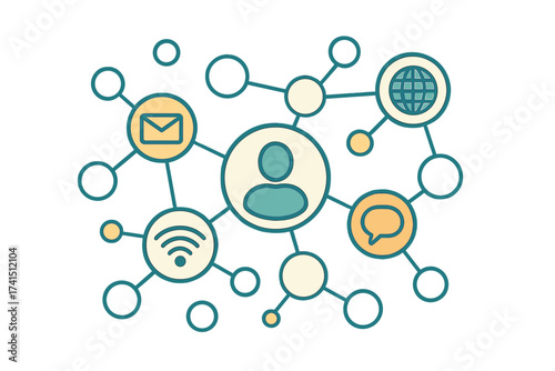 Social media connection network concept with integrated digital communication icons, email, WiFi, chat, global technology, internet communication, user interaction, and connectivity design