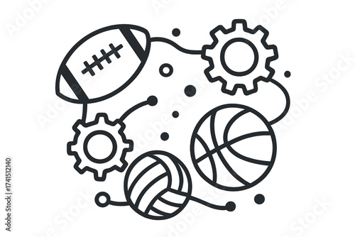 Sport mechanism concept with football, basketball, volleyball icons connected by abstract lines and gears, vector illustration of teamwork and sports technology, digital sports design