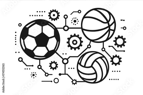 Sports mechanism concept with football, basketball, volleyball, and connected gears. Abstract vector illustration of ball sports technology, network, teamwork, and athletic equipment design.