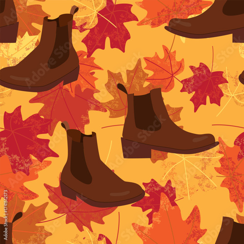 Autumn-themed repeating pattern featuring brown boots and red orange maple leaves on yellow background Ideal for fall fashion prints packaging and seasonal branding