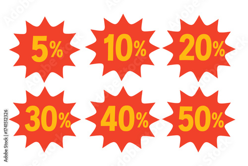 Super sale discount symbols 5%, 10%, 20%, 30%, 40% and 50% off special offer labels, shopping tags, sale badges, vector illustration with transparent background, retail savings